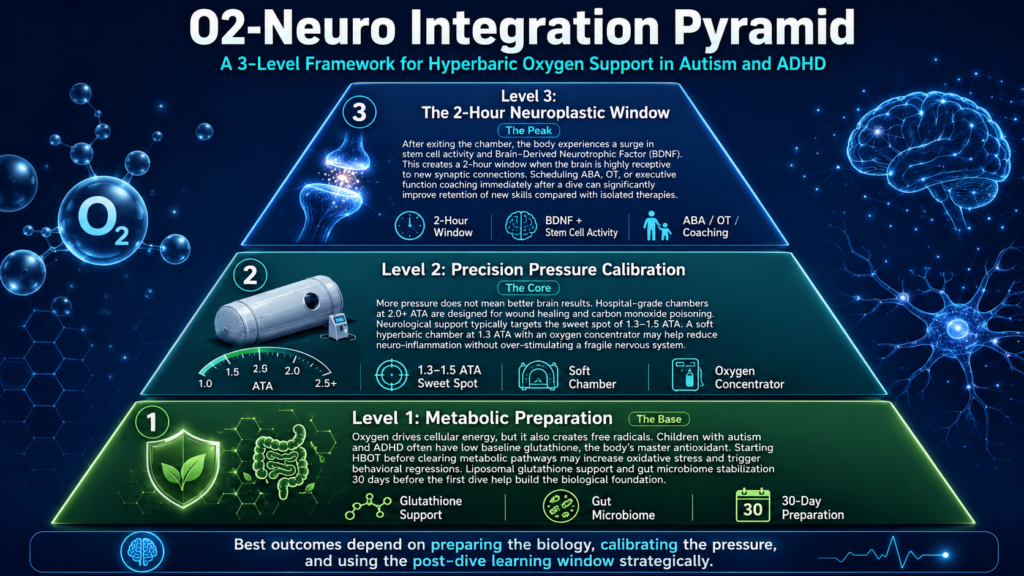 An Original "O2-Neuro Integration Pyramid" Infographic, Featuring The Following Levels From Top To Bottom: Level 3: The 2-Hour Neuroplastic Window (The Peak), Level 2: Precision Pressure Calibration (The Core), And Level 1: Metabolic Preparation (The Base).