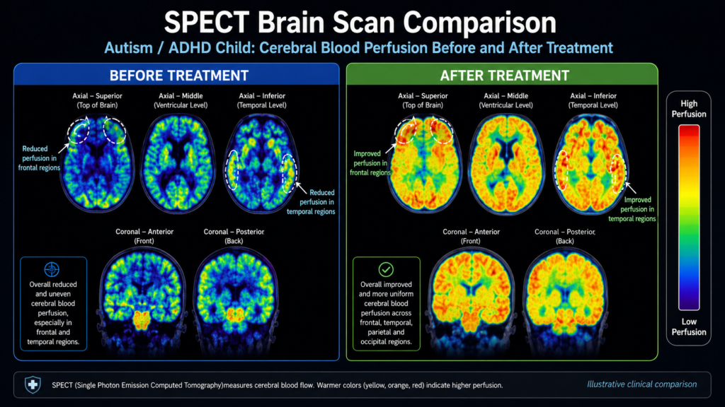 A High-Quality Comparative Image Of Pre- And Post-Treatment Spect Brain Scans Of A Child With Autism/Adhd, Demonstrating A Marked Improvement In Blood Flow Perfusion.
