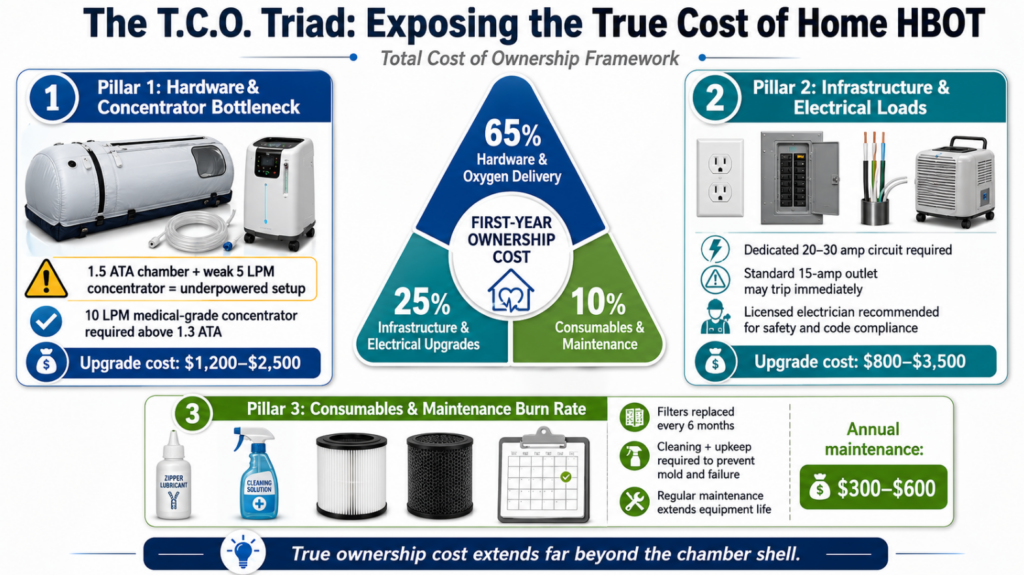 Insert a visual breakdown of the T.C.O. Triad Framework showing percentage costs of Hardware, Infrastructure, and Consumables