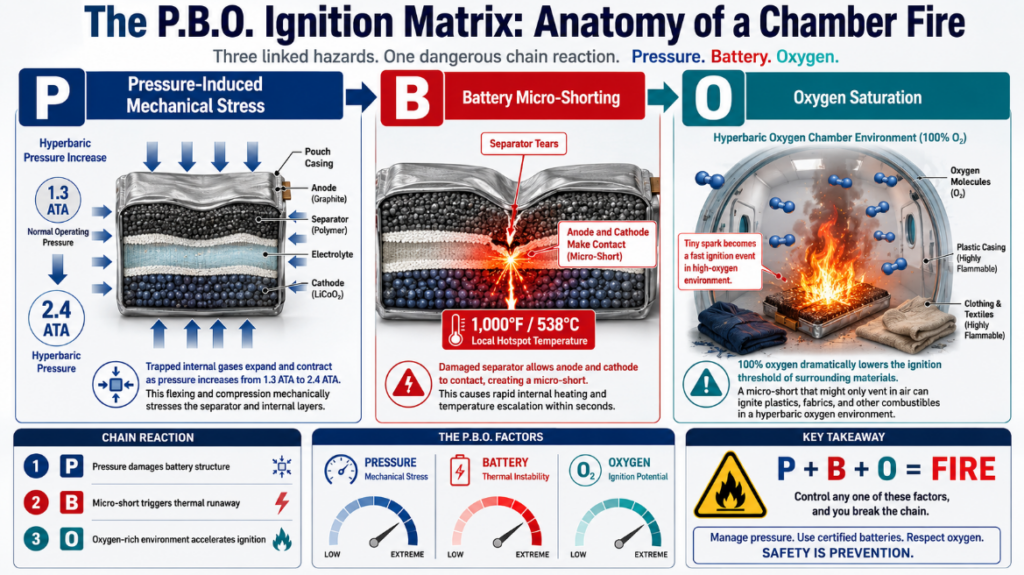 Insert an infographic illustrating the P.B.O. Matrix showing the cross-section of a lithium-ion battery breaking down under atmospheric pressure
